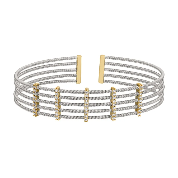 Ladies astral sign bracelets -Rhodium Finish Sterling Silver Multi Cable Cuff Bracelet with Gold Finish Simulated Diamond Vertical Bars