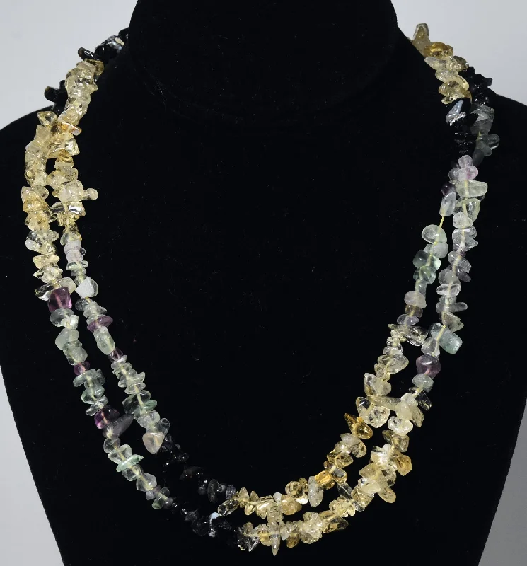 Galaxy gleam necklaces -Fluorite, Citrine, Snowflake Obsidian Chip Bead Single Strand Opera Necklace