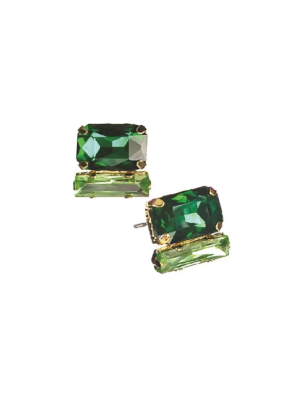 Ladies Earrings for Mom Spark-Hot Tomato Beguiling Baguette Cut Double Stud Earrings - Green & Greener