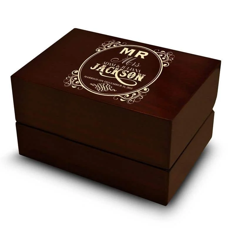 Ladies Engagement Rings Infinity Glow-Double Ring Box Wedding Rings Holder Brown Wood Personalized Two Rings