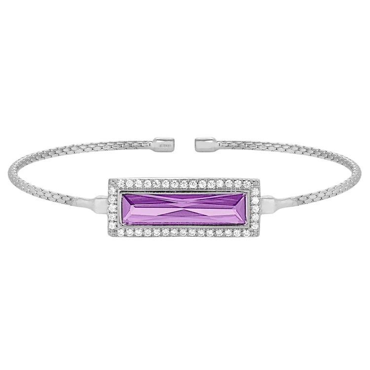 Ladies futuristic gleam bracelets -Rhodium Finish Sterling Silver Cable Cuff Bracelet with Rectangular Simulated Light Amethyst Stone and Simulated Diamonds