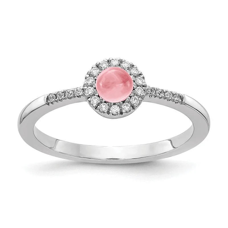 Ladies Rings for Friend Glow-14k White Gold Diamond Halo And Round Pink Tourmaline Cabochon Ring