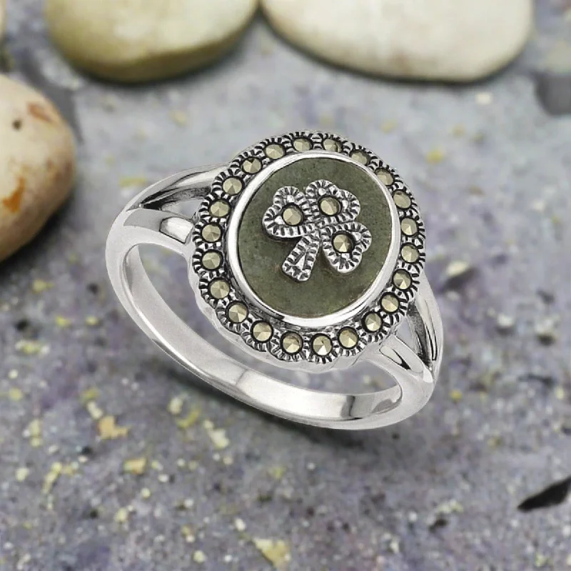 Ladies Rings with Coral Kornerupine-Connemara Marble Shamrock Ring