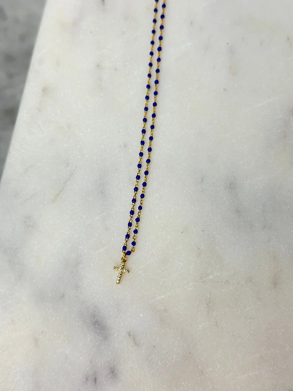 Artistic abstract necklaces -Necklace - Tiny Pave Cross on Lapis & Gold Necklace