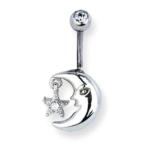 Ladies Rings with Jade Shine-Surgical Stainless Steel Curved Belly Button Ring - Moon & Clear Crystal