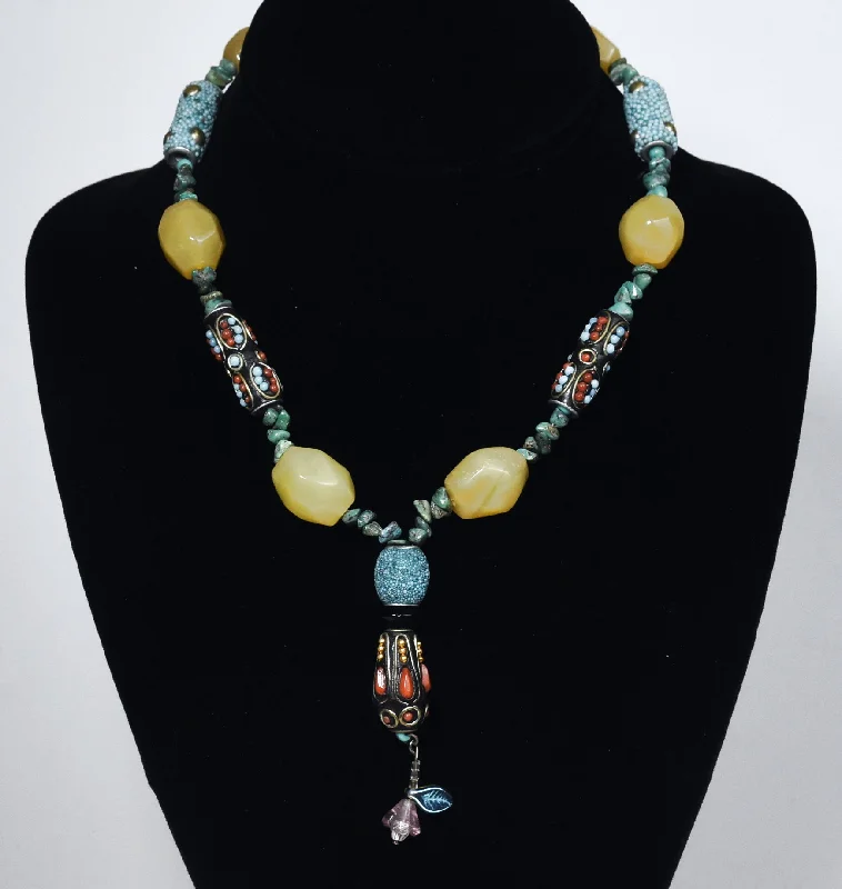 Rhinestone pop necklaces -Ornate Colorful Beaded Necklace with Turquoise Chips