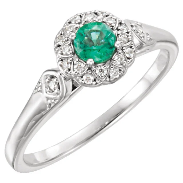 Ladies Rings with Green Diopside-14k Gold Genuine Emerald & 1/10 CTW Diamond Halo-Style Ring