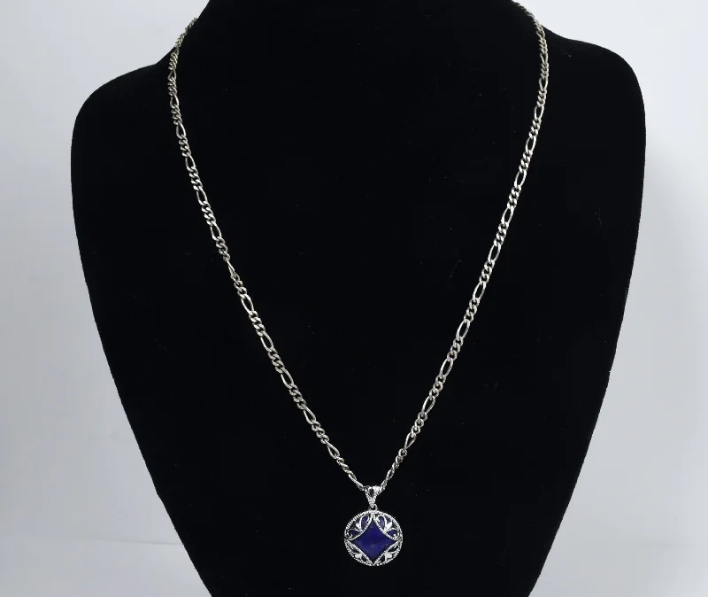 Bold choker necklaces -Sterling Silver Lapis Lazuli Pendant on Sterling Silver Figaro Link Chain Necklace - 20"