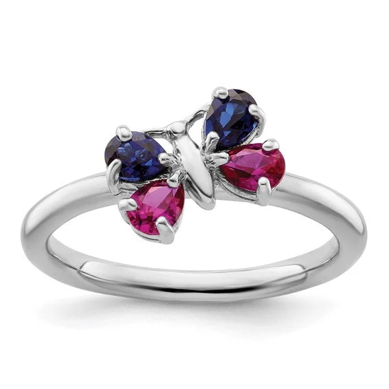 Ladies Rings with Pale Prehnite-Sterling Silver Stackable Expressions Ruby and Blue Sapphire Butterfly Ring