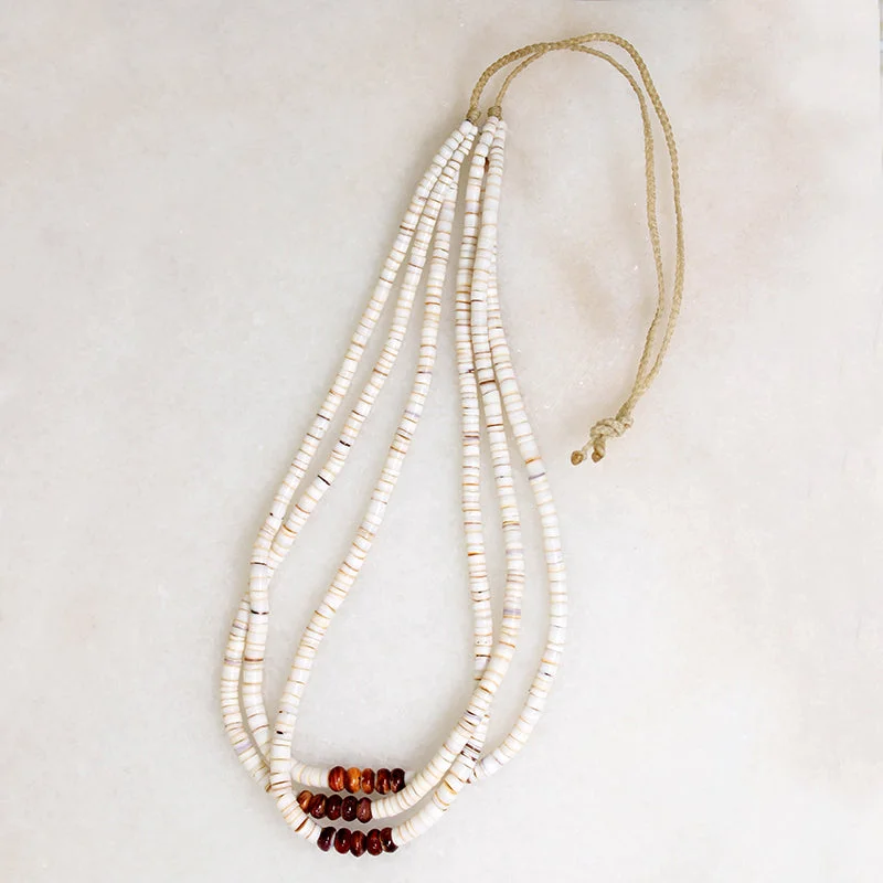 Chunky statement necklaces -Three Strand Heishi & Rondel Shell Bead Necklace