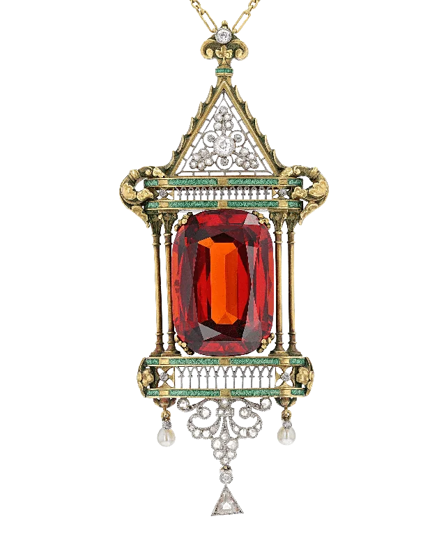 Birthstone shine necklaces -French Art Nouveau Spessartine Garnet Necklace, 40.00 Carats