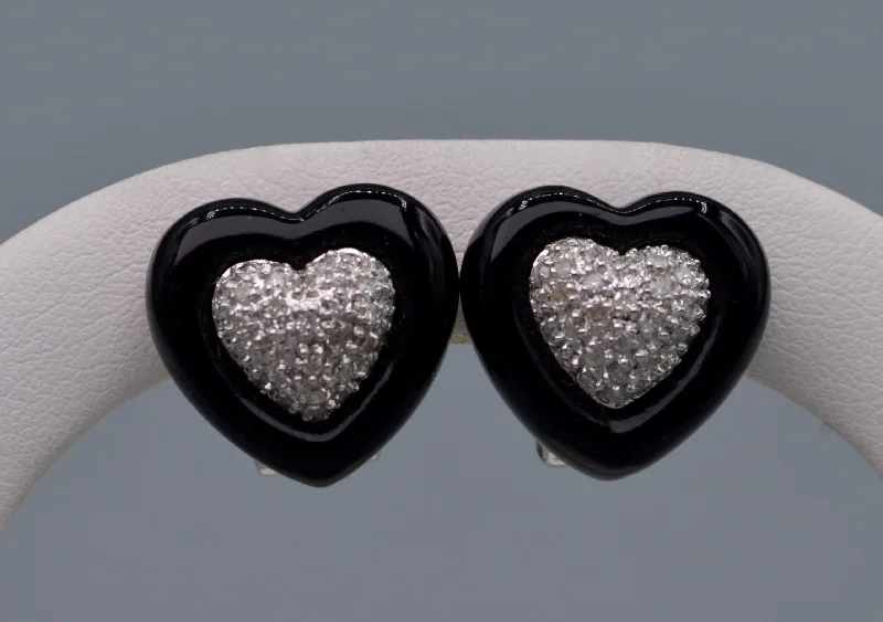 Ladies Earrings with Gold Fibrolite-14K white gold heart-shaped onyx and diamond earrings