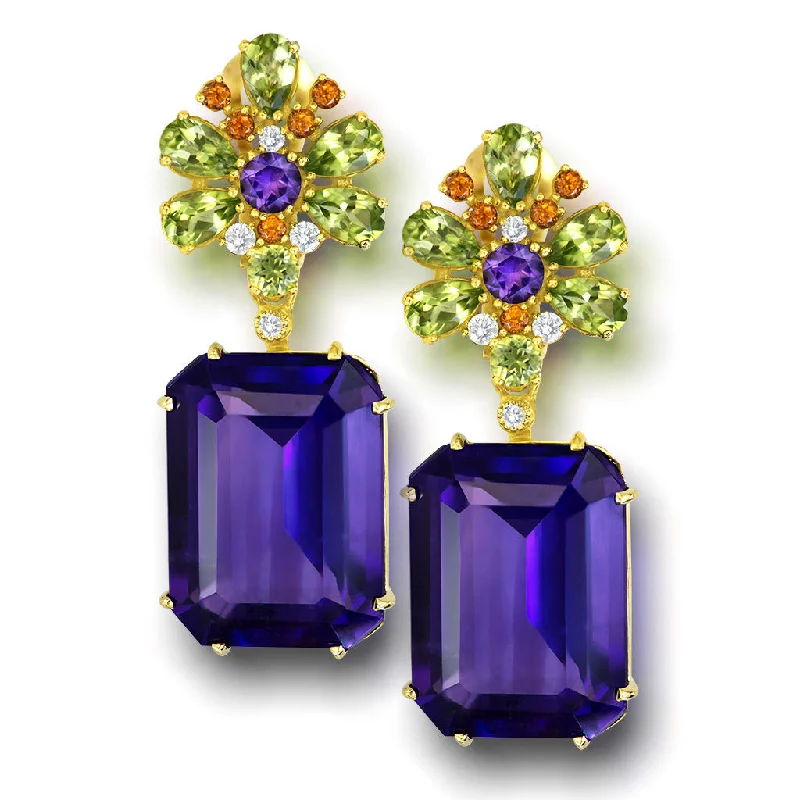 Ladies Earrings for Youth Spark-Gold Blossom Drop Earrings with Amethyst & Peridot