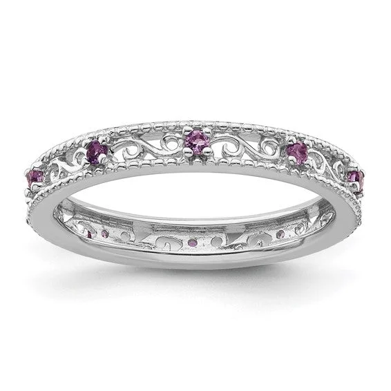 Ladies Rings for Sport Spark-Sterling Silver Stackable Expressions Amethyst Filigree Ring